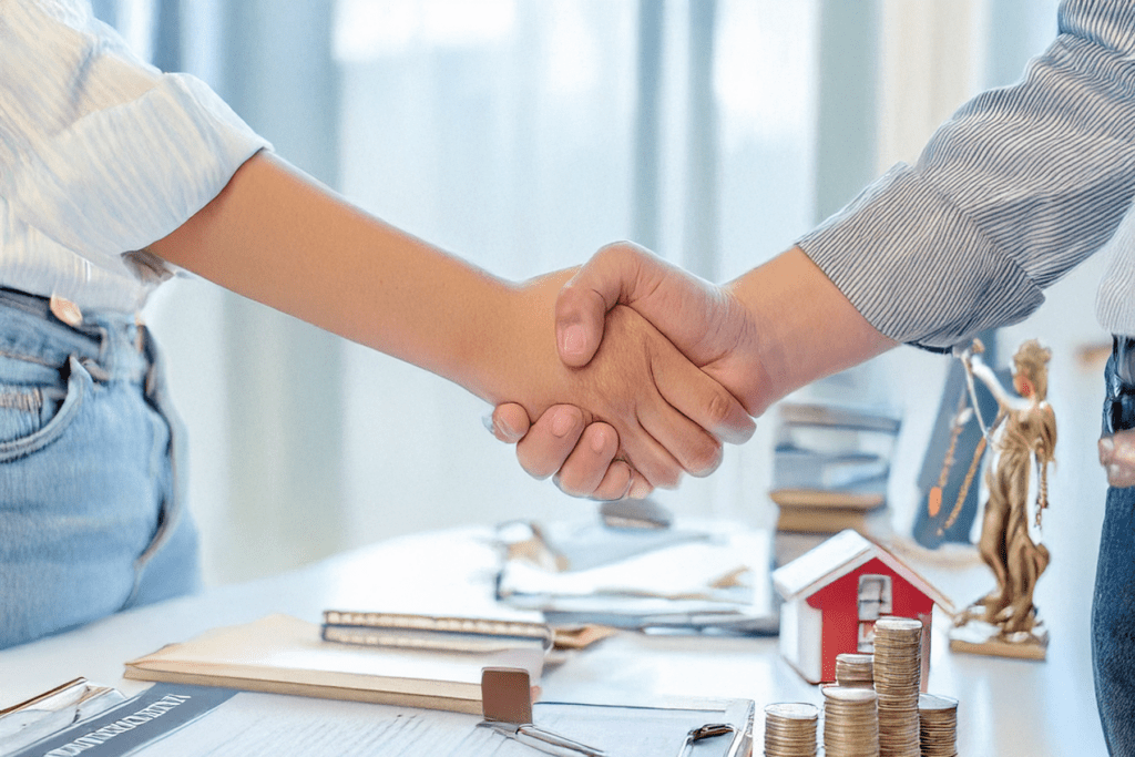 2 People shaking hands over a table laden with icons representing loan target objects