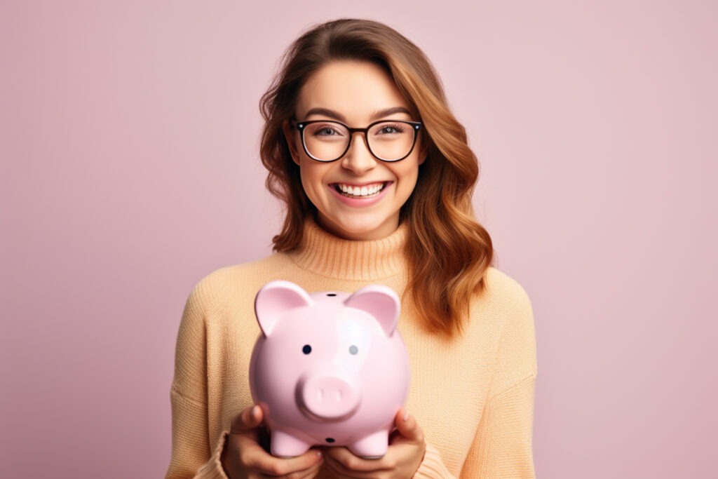 a woman holding piggy bank with generative ai